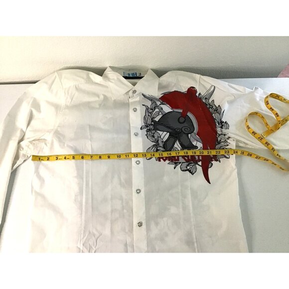 Mens Toku White Long Sleeve Button-Up Shirt With Red & Black Graphic Design Size - Picture 6 of 8